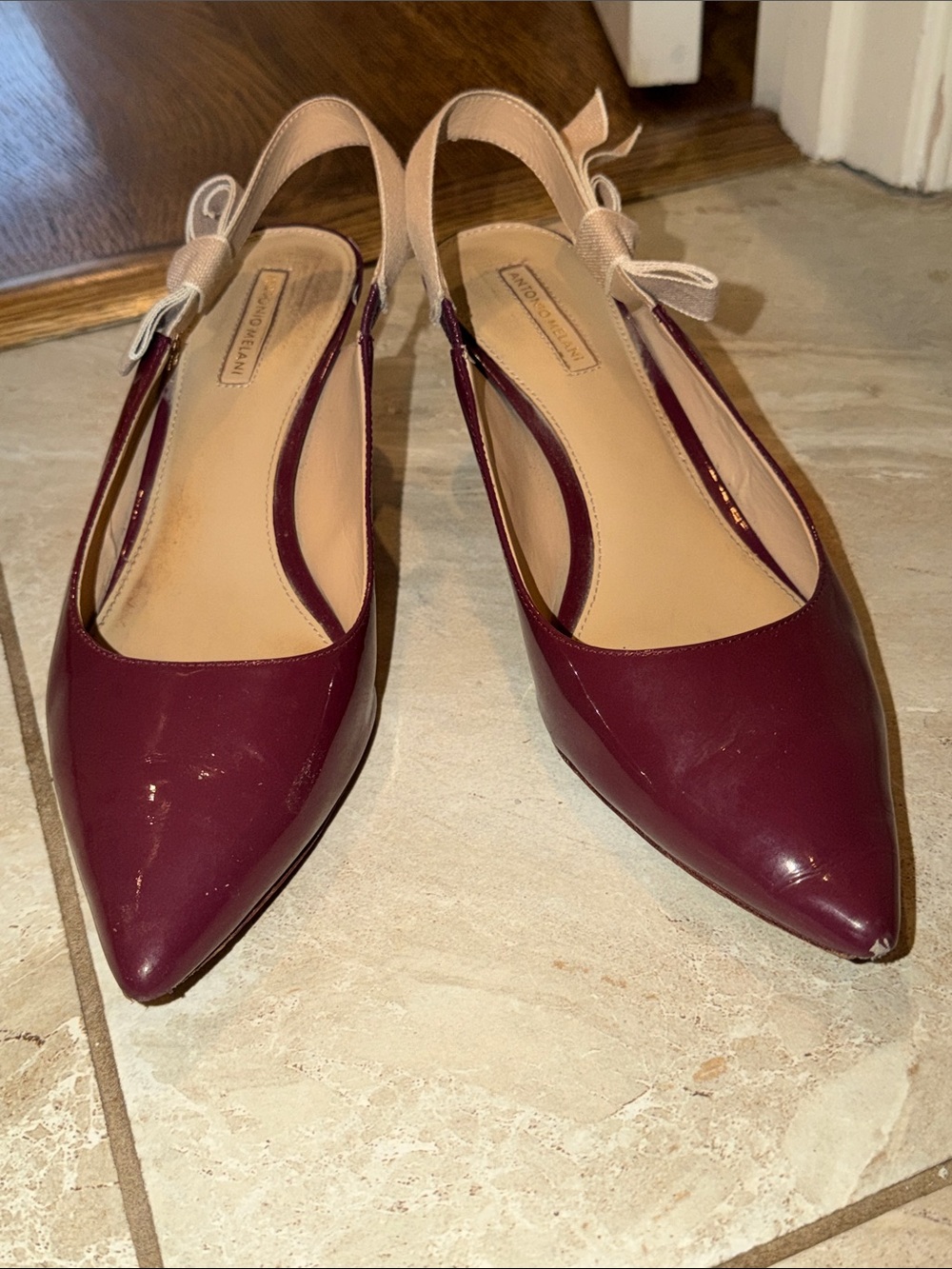 ANTONIO MELANI Pointed Slingback heels in Burgundy with Nude Straps and Bows